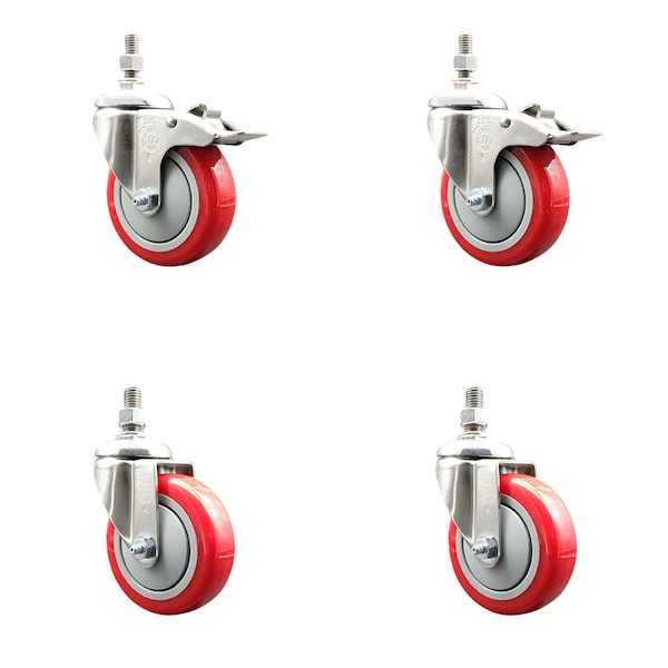 Service Caster 4 Inch 316SS Red Polyurethane 10mm Threaded Stem Caster Lock Brake, 2PK SS316TSTTL20S414-PPUB-RED-M1015-2-S2 - main